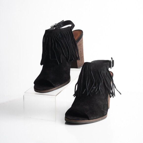 Lucky Brand Womens Liennah Bootie Black Suede Fringe Peep Toe US 9.5 EU 39.5 New - Picture 1 of 8